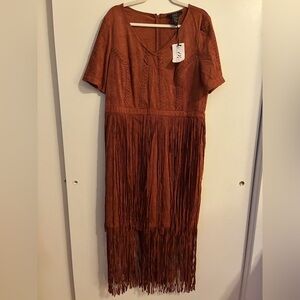 Midnight Velvet Rust Fringe Midi Dress